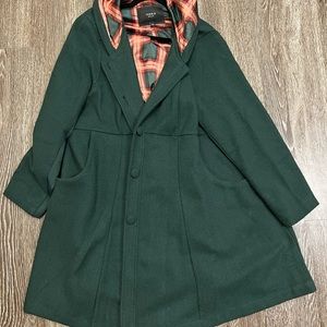 TORRID DARK GREEN WOOLEN TWILL FIT & FLARE HOODED COAT